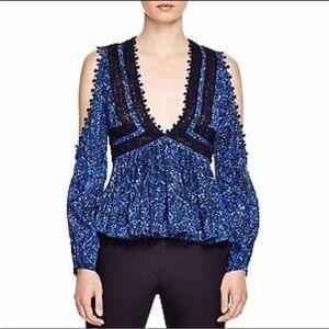 Rebecca Taylor Blue Black  Printed Lace Cold Shoulder Top Size 10
